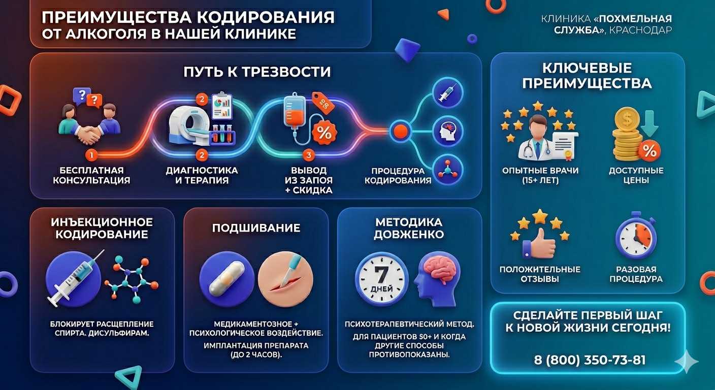 Инфографика о методах кодирования от алкоголя в Старой Руссе: инъекции, подшивание, метод Довженко. Преимущества клиники и этапы лечения.
