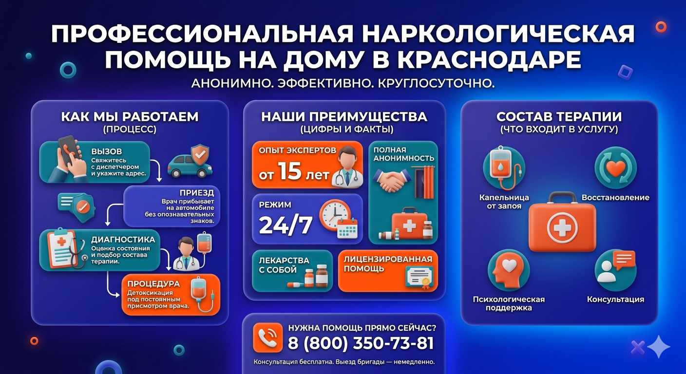 Инфографика о принципах лечения алкоголизма на дому в Старой Руссе: этапы вызова нарколога, преимущества анонимной детоксикации и состав медицинской помощи.